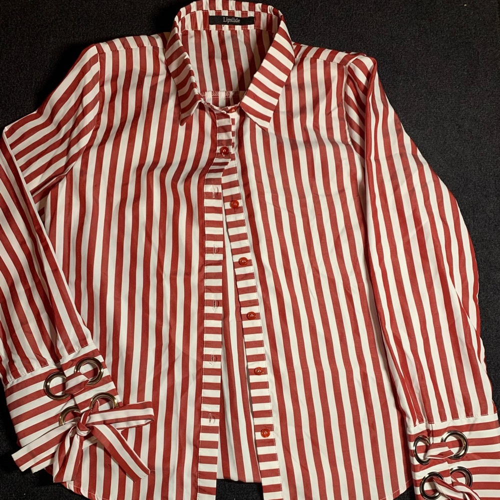 Red striped Lipslide button down shirt